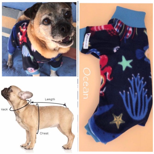 Dog Onesie, Dog Pjs  in a variety of Fleece materials and sizes. Dog pyjamas. Dog Onesie, Pug, French Bulldog, Chinese Crested, Cavalier.