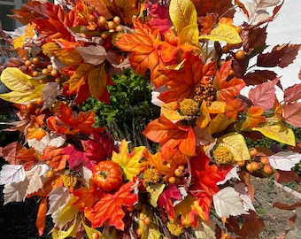 Fall Foliage Wreath For Front Door, Fall Leaves Wreath, Artificial Autumn Leaf Wreath