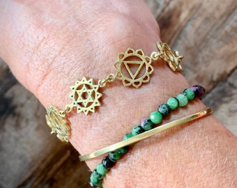 7 chakras bracelet  ; brass, indian hinduism prayer beads; ; gold cuff