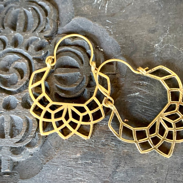 lotus flower indian earrings brass; creole ; rings earrings; tribal; ethnic; boho