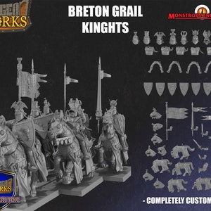 May include: A set of five grey plastic miniature figures of mounted knights, each with a sword, shield, and lance. The knights are wearing armour and helmets. The figures are part of a customizable set of miniatures for tabletop games.