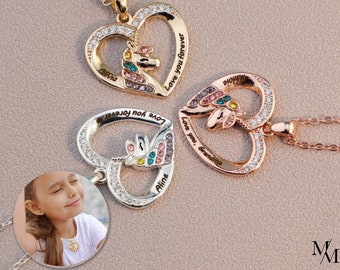 Personalized engraved unicorn name necklace for little girl| Girls' Unicorn Jewelry featuring a heart-shaped rhinestone name pendant