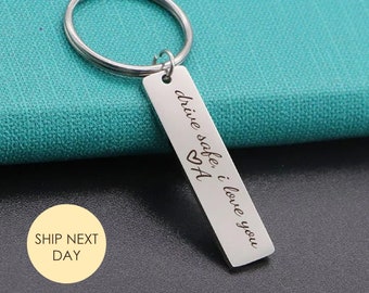 Drive Safe I Love You Personalized Initial Laser Engraved Stainless Travel Keychain, Best Friend, Boyfriend, Girlfriend, Anniversary Gift