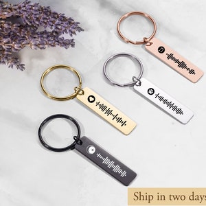May include: Keyrings in gold, rose gold, silver, and black. Each keyring has a rectangular tag with a music-themed icon and a scannable music code. The keyrings are displayed on a light surface with sprigs of lavender.