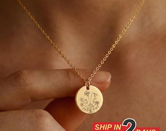 Personalized Birth Flower Necklace, Engraved Floral Pendant, Stainless Steel
