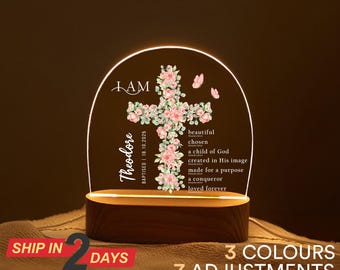 Personalized Floral Cross Night Light, Christian Baptism Gift