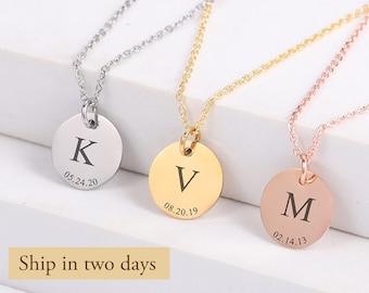 Personalized Initial Disc Name Necklace, Initial and Date Necklace Charms for Jewelry Necklace Stainless Steel Customized Nameplate Mom Gift