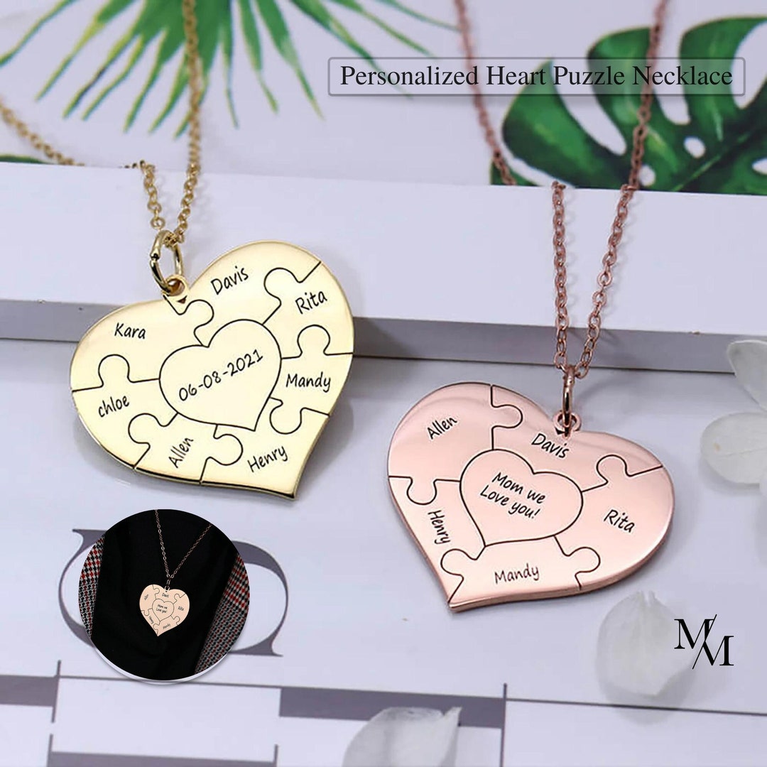 Personalized Heart Puzzle Necklace Custom family Gift to mom featuring