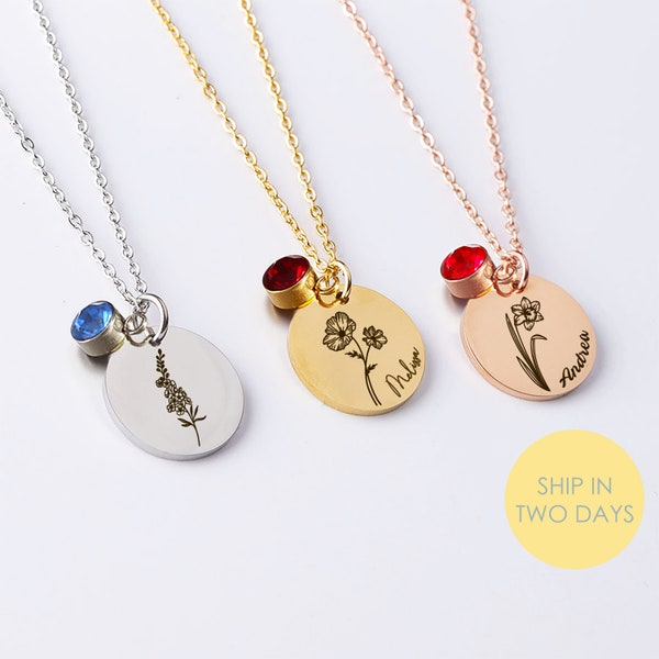 Custom Birth Flower Necklace Engraved Stainless Steel Disc Pendant Minimalist Jewelry Gift for Her