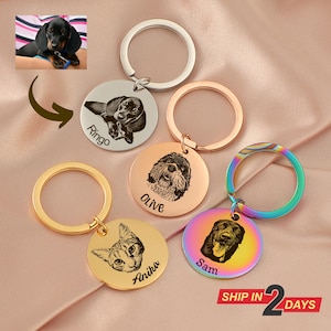 Personalized Pet Portrait Keychain Pet Loss Memorial Gift Engraved Dog & Cat Keyring Paw for Animal Lovers Dog Mom Gift Custom Tag Keepsake