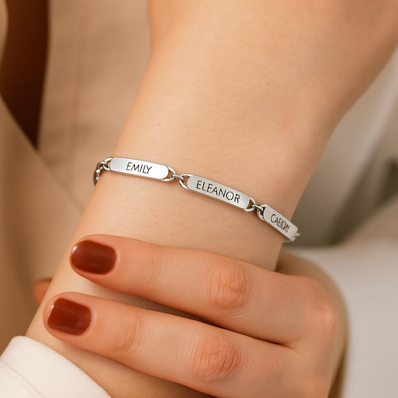Custom Mini Silver Name Bar Bracelet Engraved Charm Bracelet Dainty Paperclip Chain Personalized Jewelry