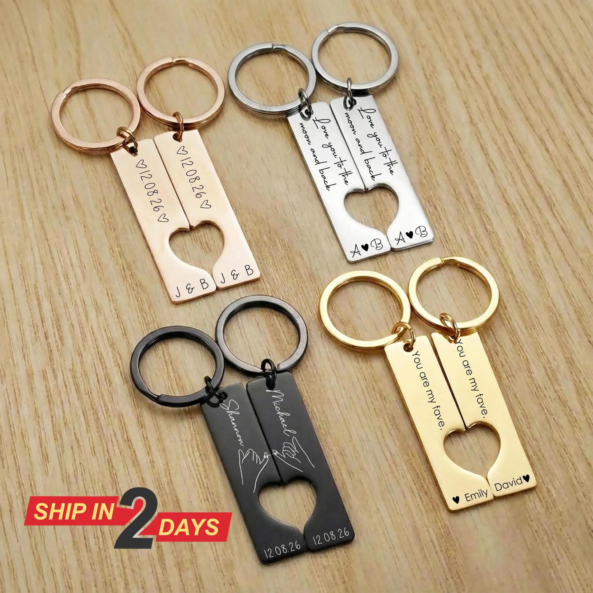 Personalized Date Matching Keychain Set, Engraved Heart Couple