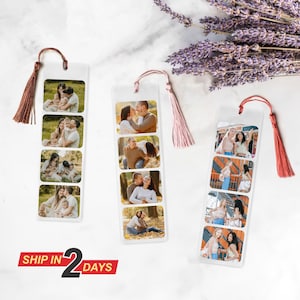 May include: Three clear acrylic bookmarks with tassel ends. Each bookmark features four rectangular photo inserts. The photos depict couples and families. A bundle of lavender is in the background.