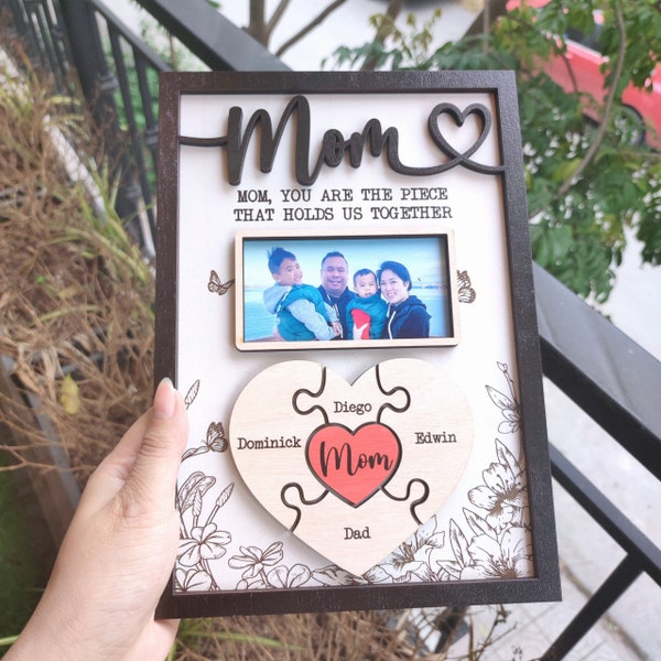 Personalized Mom You Are The Piece Plaque, Custom Photo Heart Puzzle Wooden Sign, Piece That Holds Us Together, Mother's Day Gift