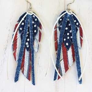 4th of July Flag Denim Earrings, Patriotic Denim Earrings, American flag, Stars and Stripes, Independence Day, red white and blue earrings,