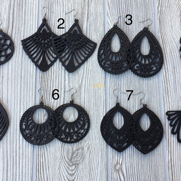 Black Wooden earrings, Wooden Earrings for Women, Wood Earrings, Geometric wood earrings, Lightweight Earrings, Mandala Black Earrings