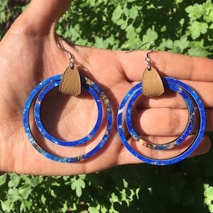 Trendy Statement double-hoop Earrings, Blue Hoop Wooden Earrings, Boho Wood Hoop Earrings in blue style