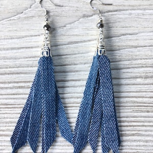 Dangle Denim Tassel Earrings, Denim tassel earrings, Fringe denim earrings, earrings, lightweight denim earrings