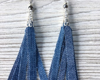 Tassel Earrings, Denim tassel earrings, Fringe denim earrings, earrings, lightweight denim earrings