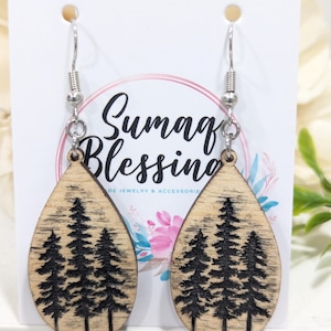 Engraved Pine Tree Wood Earrings, Dangle Wood Earrings, Rustic Wood Forest Earrings