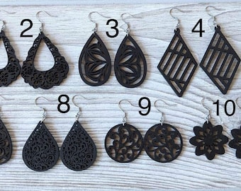 Wood Black Earrings,  Black wood Earrings, Earrings for Women, Black Statement Earrings, Dangle Black Wood earrings, Wood earrings