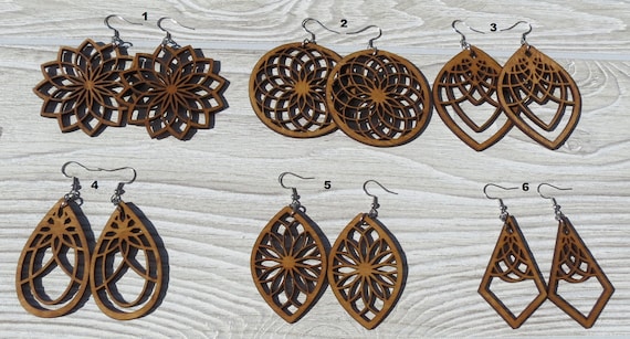 Wooden Dangle Mandala Earrings, Laser Cut Wood Jewelry, Wood Earrings, Boho Earrings, Lightweight Earrings