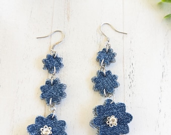 Boho Chic Dangle Denim Jewelry, Lightweight Statement Denim Earrings, Handmade Denim Flower Earrings