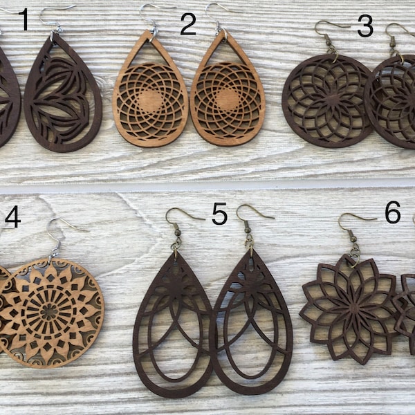 Mandala Wooden Earrings, Boho Wood Earrings for woman, Wooden Earrings, dangle boho Earrings, Lightweight Earrings, Boho earrings