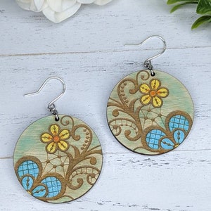 Wood Earrings, Wooden Earrings, Mandala Earrings, Handmade Earrings, Large Dangle Earrings for Women, Bohemia Earrings, Mandala Wood Earring