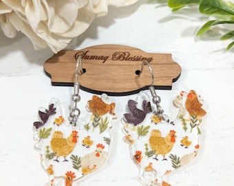 Chicken themed earrings, Chicken Lover Earrings, Farmhouse Style Hen Dangle Earrings