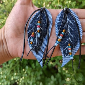 Denim Feather Earrings, Up recycling Denim earrings, Feathers Earrings, Denim Feather Earrings, Long Denim Earrings