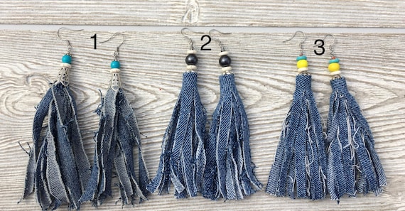 Fringe Denim Earrings Long Fringe Denim Earrings Fluffy Tassel