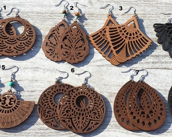 Large Wooden Earrings, Mandala Dangle Wood Earrings, Lightweight Earrings, Dangle Wooden Earrings