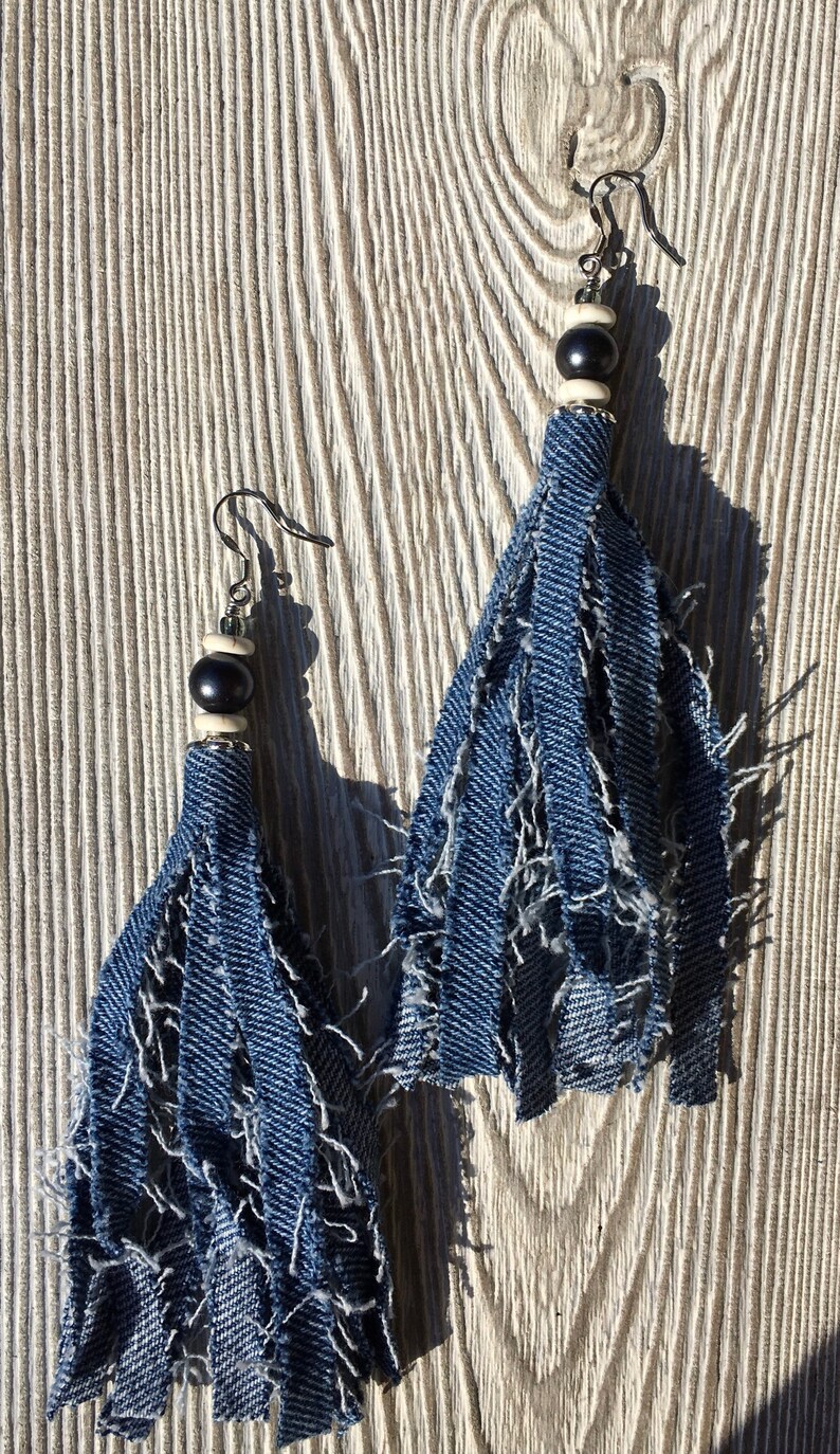Fringe Denim Earrings / Long Fringe Denim Earrings / Fluffy | Etsy