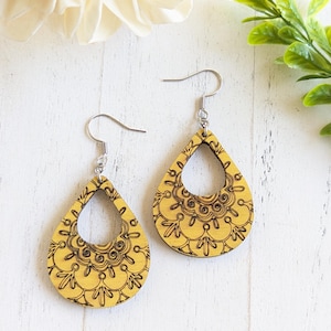 Bohemia Style Dangle Wood Earrings, Drop Mandala Earrings made in wood, Small Hoop Wood Earrings