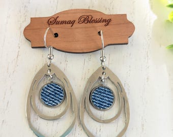 Silver Tone Teardrop Dangle Denim Earrings, Blue Denim Cabochon, Boho Chic Double Drop Jewelry, Gift for Her