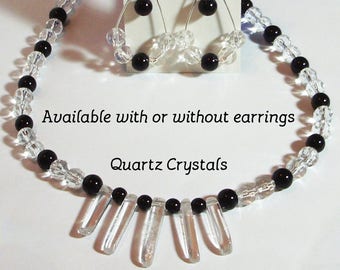 Quartz Crystals - Black and Clear necklace set - 19" glass beaded necklace with Quartz Crystal accents - Necklace and earrings - Elegant