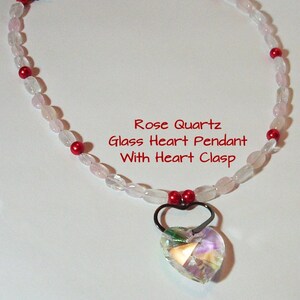 Rose quartz and glass beaded 21&quot; necklace with 2 hearts - Glass heart pendant with heart bail (attachment) - Pink and red necklace - Quartz