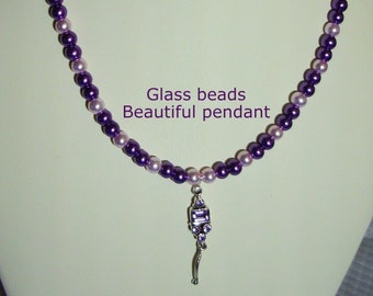 Purple and Pink Necklace - Glass beaded 19" necklace - Glass and pewter pendant - Purple and Pink necklace - Unique pendant necklace