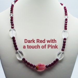 Garnet Red and Pink glass beaded 20.5&quot; necklace with clear glass bead accents - Red and Pink necklace - Long necklace - Dark Red necklace