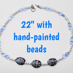 Blue, Green, and Pink long necklace - 22&quot; glass beaded necklace with hand-painted glass bead accents - Elegant necklace - Pastel necklace