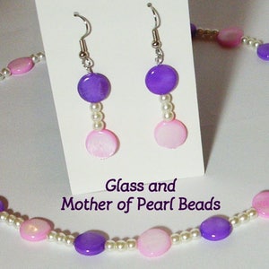Pink and Purple Necklace Set - Glass and shell beaded 18&quot; necklace - Cream glass beads with Mother of Pearl beads - Necklace and earrings