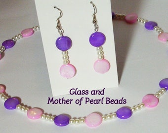 Pink and Purple Necklace Set - Glass and shell beaded 18" necklace - Cream glass beads with Mother of Pearl beads - Necklace and earrings