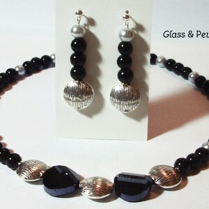 Black and silver necklace set  - Pewter and glass bead accents - 17&quot; beaded necklace with earrings  - Necklace and earrings set