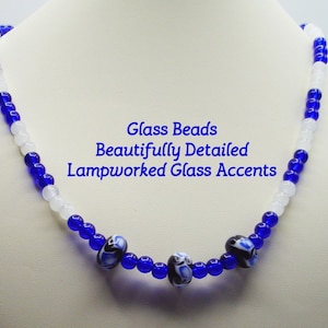 Cobalt Blue and White glass beaded 20&quot; necklace with black/white/blue lampworked glass beads - Blue and white necklace - Long necklace