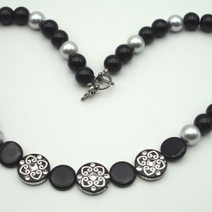 Black and silver 21&quot; glass beaded necklace with acrylic bead accents - Black and silver necklace - Sparkling necklace - Elegant necklace