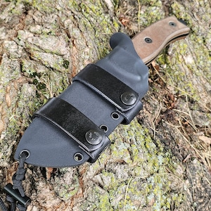 ONTARIO RAT-5 custom kydex sheath, Scout Carry, Leather Scout Straps, Mini Firesteel, Paracord Lanyard, TACO Style.