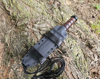 Funda de Kydex personalizada KA-BAR USMC, transporte Scout, correas de cuero Scout, mini firesteel, cordón de paracord, panqueque.