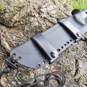 KA-BAR BK5 custom kydex sheath, Scout Carry, Leather Scout Straps, Mini Firesteel, Paracord Lanyard, Taco.