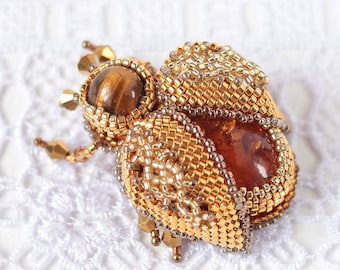 Gold bug beaded brooch with gemstone Insect jewelry embroidered brooch Beetle pin